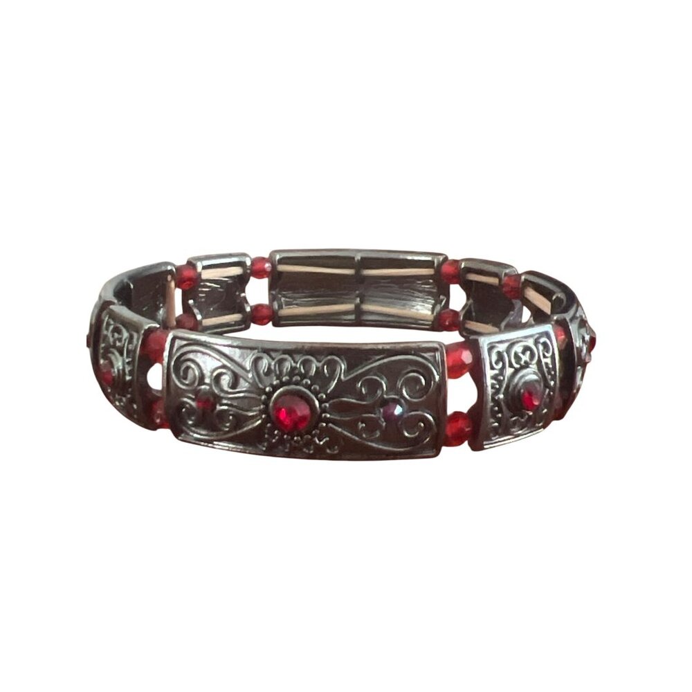 Vintage Gunmetal Panel Stretch Bracelet Red Cabochon Beads .5" Wide Estate 7.5"